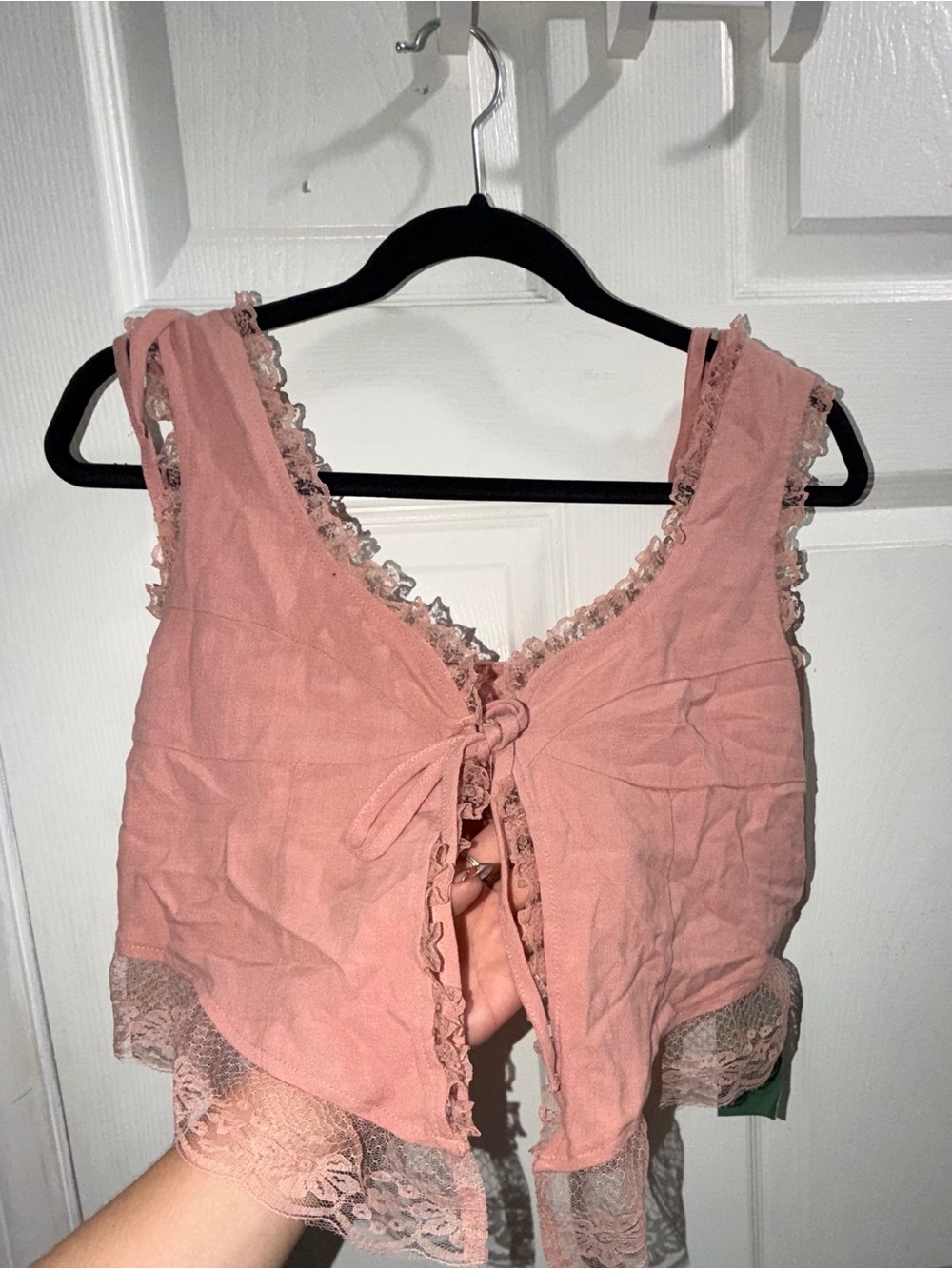 Pink Lace Trim Tie-Front Crop Top